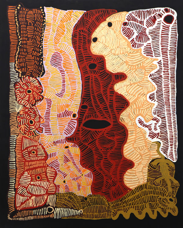 Doris Bush Nungarrayi Bush Mangarri Tjuta & Pilkati Anta Rumiya (All the Bush Food and the Snake and Goanna) , 2021 acrylic on linen 152 x 122 cm 59 7/8 x 35 7/8 in