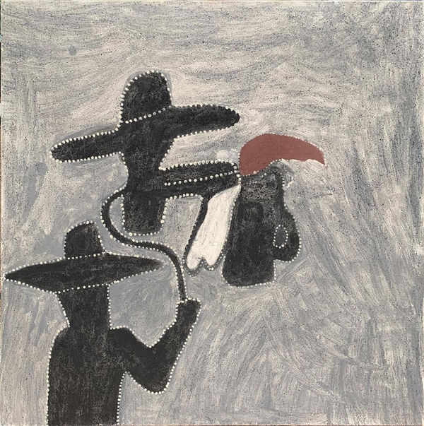 Mabel Juli Wiringgoon Tom Quilty and my Dad, 2013 Ochre and charcoal on canvas 120 x 120 cm 47 1/4 x 47 1/4 in