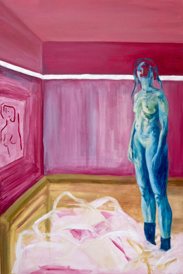 Sam Dawood, Sad woman doesn't want to conform to pink femininity because she is blue..., 2018