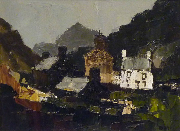 Donald McIntyre 1923 - 2009, Snowdonia Cottages with Mountains beyond, c1960
