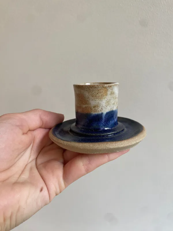 Small candle holder (blue halftone), 2024 glazed stoneware ceramic signed and dated on the base