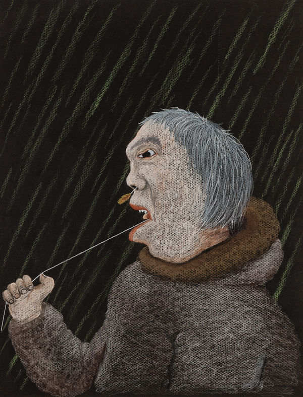 Lot 106 NICK SIKKUARK (1943-2013) KUGAARUK (PELLY BAY) / UQSUQTUUQ (GJOA HAVEN) Man Cleaning his Nose, 2003 coloured pencil on black paper, 15.75 x 12 in (40 x 30.5 cm) ESTIMATE: $1,500 — $2,500 PRICE REALIZED: $1,3440.00