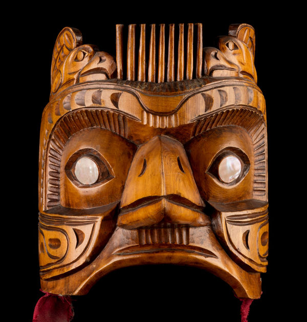 Lot 68 JIMMY JOHN (1876-1988), MOWACHAHT/MUCHALAHT (NUU-CHAH-NULTH) Grouse Frontlet Headdress, c. 1950s red cedar wood, abalone, copper strapping, and fabric, 8.5 x 7 x 8.75 in (21.6 x 17.8 x 22.2 cm) ESTIMATE: $8,000— $12,000 PRICE REALIZED: $3,660.00