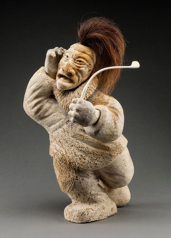 Lot 72 JOSEPH SHUQSLAK (1958-) UQSUQTUUQ (GJOA HAVEN) Shaman, 2003 whale bone, antler, stone, qiviut (muskox fur), 17.5 x 9.5 x 11 in (44.5 x 24.1 x 27.9 cm) ESTIMATE: $3,000 — $5,000 PRICE REALIZED: $5,040.00