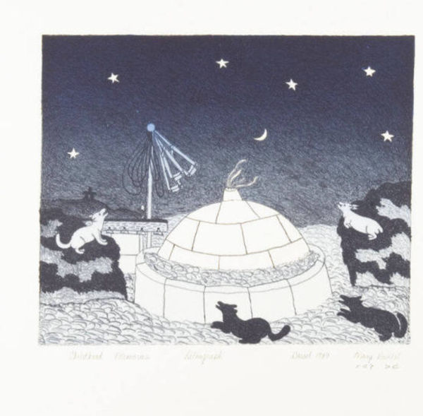 Lot 1 MARY PUDLAT (1923-2001) KINNGAIT (CAPE DORSET) Childhood Memories, 1989 #10 lithograph on grey paper, 18 x 20.25 in (45.7 x 51.4 cm) ESTIMATE: $200 — $400 PRICE REALIZED: $109.80