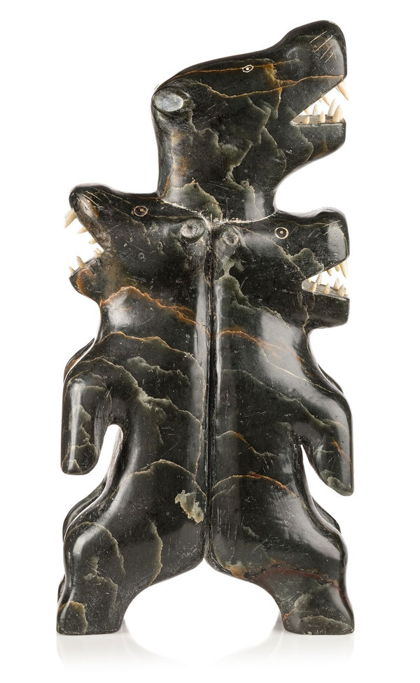 Lot 115 PROBABLY AMIDLAK (1897-1961) OR LEVI AMIDLAK (1931-1998/99) INUKJUAK (PORT HARRISON) Totemic Composition with Bears, c. 1953-4 stone and ivory, 10.5 x 5 x 3 in (26.7 x 12.7 x 7.6 cm) ESTIMATE: $10,000 — $15,000 PRICE REALIZED: $8,400.00
