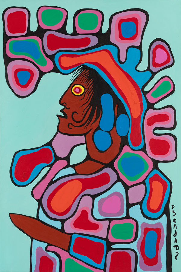 Lot 9 NORVAL MORRISSEAU, C.M. (1931-2007) ANISHINAABE (OJIBWE) Untitled (Portait Motif), c. 1984 acrylic on canvas, 52.25 x 35 in (132.7 x 88.9 cm) ESTIMATE: $25,000 — $35,000 PRICE REALIZED: $18,700.00