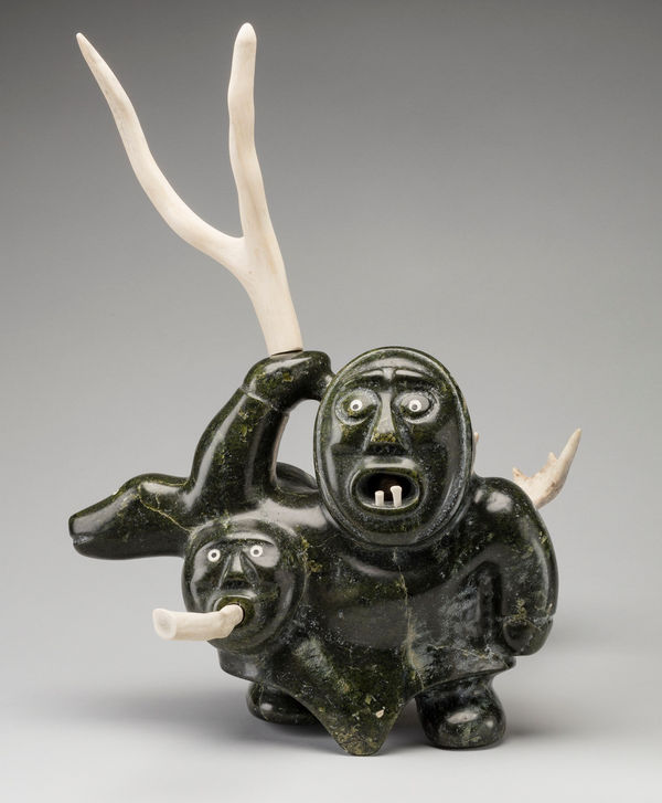 Lot 101 JOE KILOONIK (1938-2011) TALOYOAK (SPENCE BAY) Shamans Calling the Animals, 1996 stone and antler, 18.75 x 11.75 x 16.5 in (47.6 x 29.8 x 41.9 cm) ESTIMATE: $6,000 — $9,000 PRICE REALIZED: $16,800.00