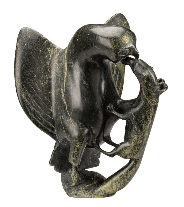 Lot 76 OSUITOK IPEELEE, R.C.A. (1922 or 1923-2005) KINNGAIT (CAPE DORSET Owl and Ermine, 1980s stone, 15.5 x 13.25 x 12 in (39.4 x 33.7 x 30.5 cm) ESTIMATE: $25,000 ⁠— $35,000 PRICE REALIZED: $24,000.00