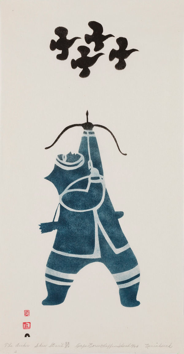 Lot 15 NIVIAQSI (NIVIAKSIAK) (1908-1959) KINNGAIT (CAPE DORSET) The Archer, 1960 #45 sealskin stencil, 23 x 12.5 in (58.4 x 31.8 cm) ESTIMATE: $7,000 ⁠— $10,000 PRICE REALIZED: $13,200.00