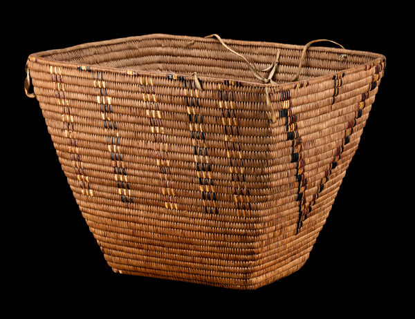 Lot 100 UNIDENTIFIED ARTIST, PROBABLY INTERIOR SALISH, STL'ATL'IMX (LILLOOET) Burden Basket, c. 1900-10 cedar root and bark, cherry bark, and hide, 13 x 17.75 x 15.25 in (33 x 45.1 x 38.7 cm) ESTIMATE: $2,000 — $3,000 PRICE REALIZED: $3,600.00