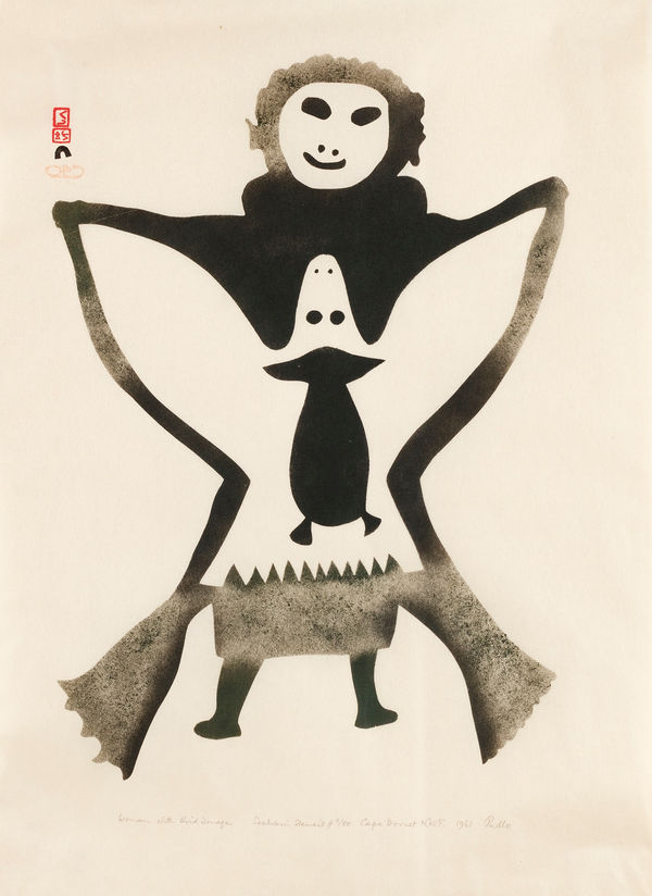 Lot 35 PUDLO PUDLAT (1916-1992) KINNGAIT (CAPE DORSET) Woman with Bird Image, 1961 #14 stencil, 23.75 x 18.25 in (60.3 x 46.4 cm) ESTIMATE: $2,000 — $3,000 PRICE REALIZED: $2,196.00