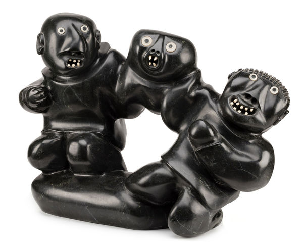 Lot 33 JUDAS ULLULAQ (1937-1999), UQSUQTUUQ (GJOA HAVEN) Men Tugging at an Owl Spirit, c. 1988-89 stone and antler, 21.5 x 28 x 12 in (54.6 x 71.1 x 30.5 cm) ESTIMATE: $12,000 — $18,000 PRICE REALIZED: $9,000.00