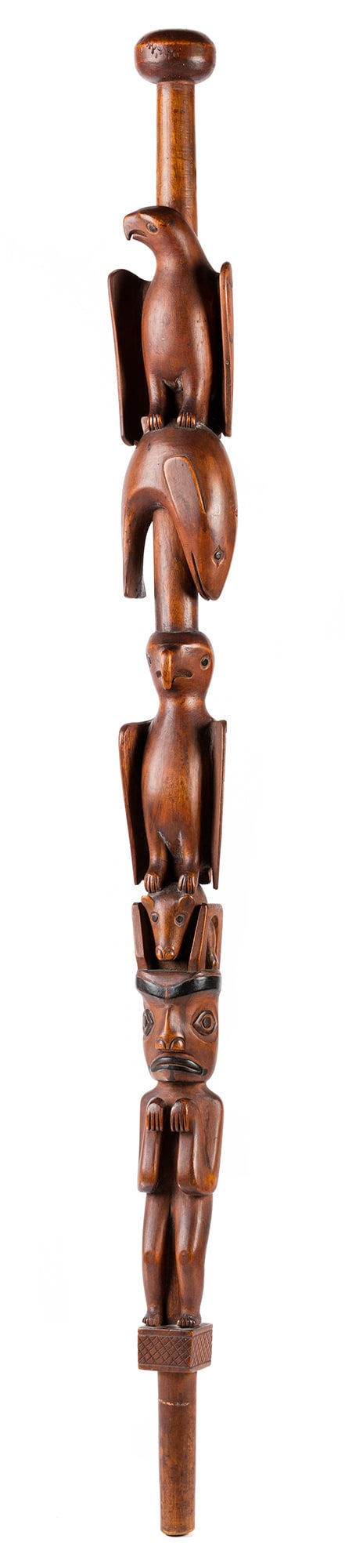 Lot 25 UNIDENTIFIED NUU-CHAH-NULTH ARTIST Speaker's Staff, c. 1880s wood and pigment, 43.75 x 3.25 x 2.5 in (111.1 x 8.3 x 6.3 cm) ESTIMATE: $2,500 — $3,500 PRICE REALIZED: $5,280.00