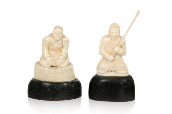 Lot 111 PIERRE KARLIK (1931-2013) KANGIQLINIQ (RANKIN INLET) Hunter with Spear and Mother and Child, 1970s ivory and stone, 4.5 x 3.5 x 2.5 in (11.4 x 8.9 x 6.3 cm) and smaller ESTIMATE: $600 — $900 PRICE REALIZED: $408.00