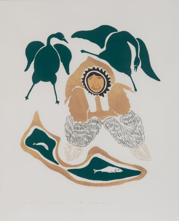 Lot 32 AGNES NANOGAK GOOSE (1925-2001) ULUKHAKTOK (HOLMAN ISLAND) Woman Watching Fish, 1980 (1980/1 #21) lithograph and stencil, 26 x 21 in (66 x 53.3 cm) ESTIMATE: $100 — $200 PRICE REALIZED: $268.40