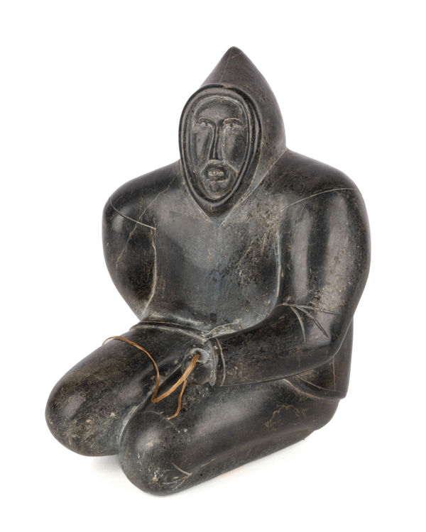 Lot 37 UNIDENTIFIED INUIT ARTIST, NUNAVIK (ARCTIC QUEBEC) Kneeling Fisherman, c. mid 1960s stone and waxed string, 9 x 6.25 x 6.75 in (22.9 x 15.9 x 17.1 cm) ESTIMATE: $350 — $500 PRICE REALIZED: $170.80
