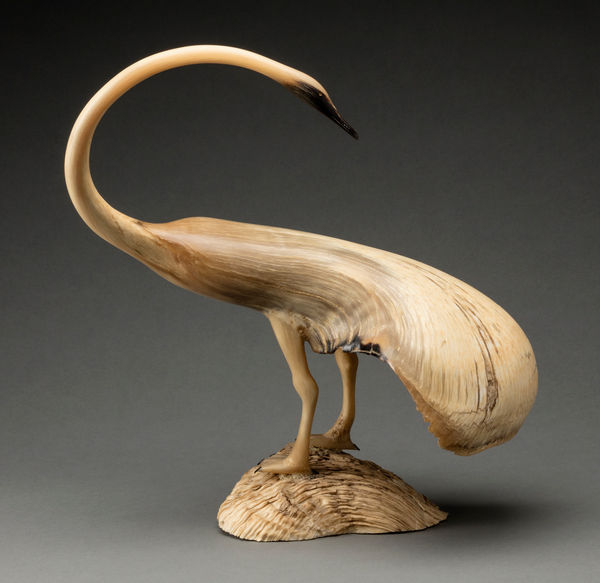 Lot 71 NICK SIKKUARK (1943-2013) KUGAARUK (PELLY BAY) Preening Crane, 1981 muskox horn and pigment 14.25 x 12 x 8.5 in (36.2 x 30.5 x 21.6 cm) ESTIMATE: $4,000 — $6,000 PRICE REALIZED: $8,400.00
