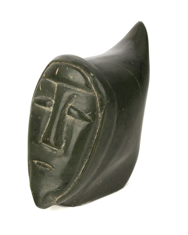 Lot 46 CONLUCY NIVIAXIE (1940-) INUKJUAK (PORT HARRISON) Head of a Happy Hooded Inuk, mid-late 1960s stone, 3.5 x 2 x 3.5 in (8.9 x 5.1 x 8.9 cm) ESTIMATE: $300 &mdash; $500 PRICE REALIZED: $268.40