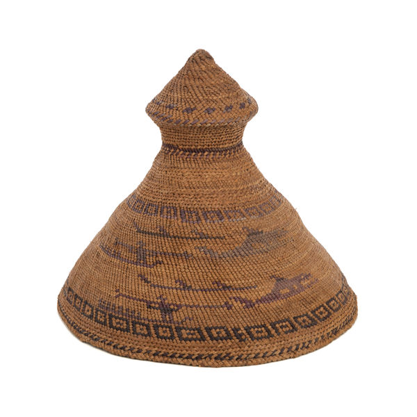 Lot 52 JESSIE WEBSTER (1909-1991) NUU-CHAH-NULTH Maquinna Hat (Whaler's Hat), probably 1960s swamp grass, cedar root, cedar bark, and aniline dye, 9.25 x 10.75 x 10.75 in (23.5 x 27.3 x 27.3 cm) ESTIMATE: $1,500 &mdash; $2,500 PRICE REALIZED: $1,586.00