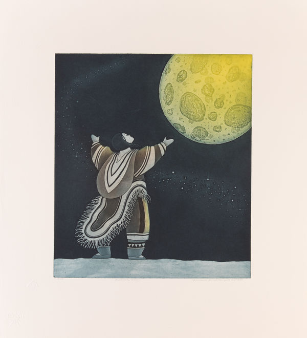 Lot 16 GERMAINE ARNAKTAUYOK (1946-) Iglulik (Igloolik) Fertility Moon, 2001 etching and aquatint, sheet: 24.75 x 22.5 in (62.9 x 57.1 cm) ESTIMATE: $600 — $900 PRICE REALIZED: $671.00