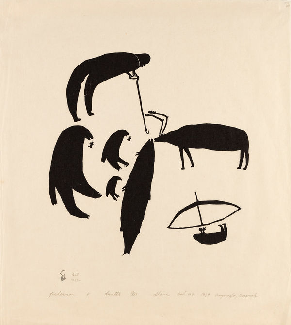 Lot 14 LUKE ANGUHADLUQ (1895-1982) QAMANI’TUAQ (BAKER LAKE) Fisherman + Hunter (Fisherman and Hunter), 1969 (1970 #24) stonecut, 24.25 x 22 in (61.6 x 55.9 cm) ESTIMATE: $2,500 — $3,500 PRICE REALIZED: $2,196.00