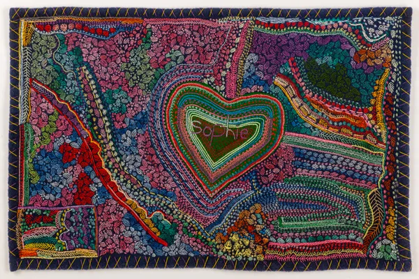 Lot 17 EVA IKINILQ NAGYOUGALIK (1965-) & SOPHIE KOTSIK NAGYOUGALIK (1990-) QAMANI’TUAQ (BAKER LAKE) I Love Summer, 2005 wool duffle, felt, and embroidery floss, 18 x 23.5 in (46 x 72 cm) ESTIMATE: $1,000 — $1,500