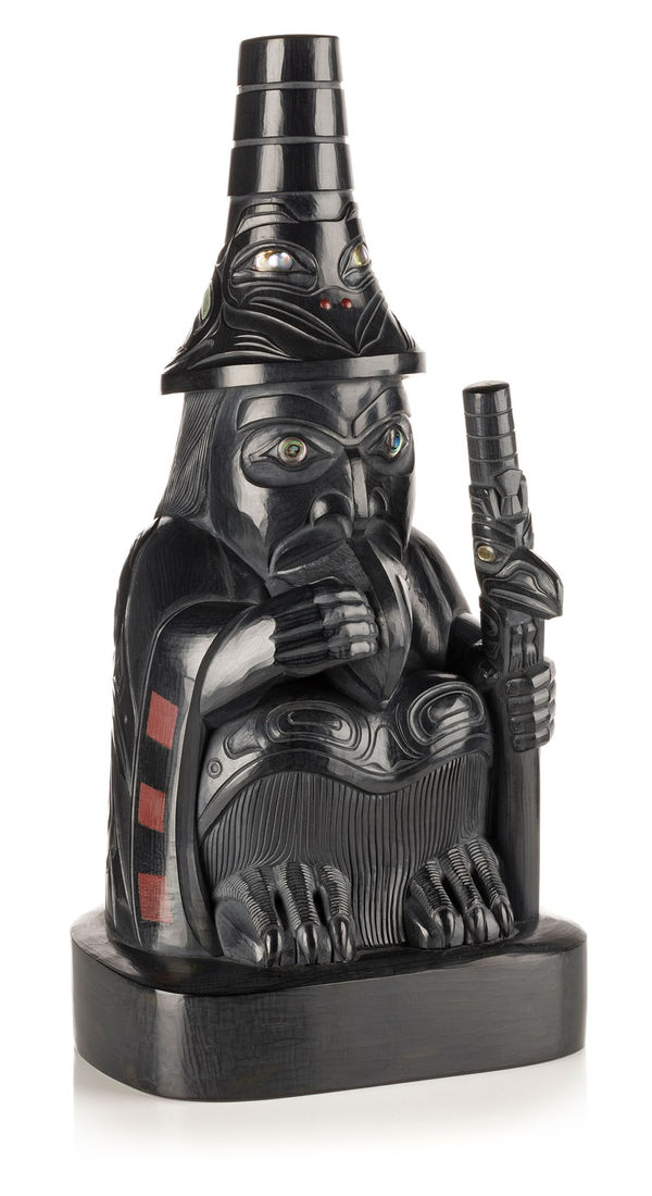 Lot 16 CHRISTIAN WHITE (1962-) HAIDA, HAIDA GWAII (QUEEN CHARLOTTE ISLANDS) / (OLD MASSET) Raven Chief, 2003 argillite, mastodon ivory, abalone, and catlinite, 11.75 x 5.75 x 5 in (29.8 x 14.6 x 12.7 cm) ESTIMATE: $40,000 — $60,000 PRICE REALIZED: $40,800.00