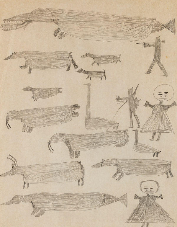 Lot 85 PARR (1893-1969) KINNGAIT (CAPE DORSET) Untitled (People and Animals),, July 1961 graphite on paper, 22.5 x 17.5 in (57.1 x 44.5 cm) ESTIMATE: $4,000 — $6,000 PRICE REALIZED: $2,928.00