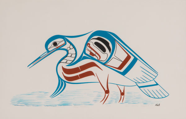 LOT 17 BEN HOUSTIE (1960-) HEILTSUK Blue Heron, 1989 acrylic on wove paper, 12.75 x 19.75 in (32.4 x 50.2 cm), framed, sight. ESTIMATE: $300 — $500