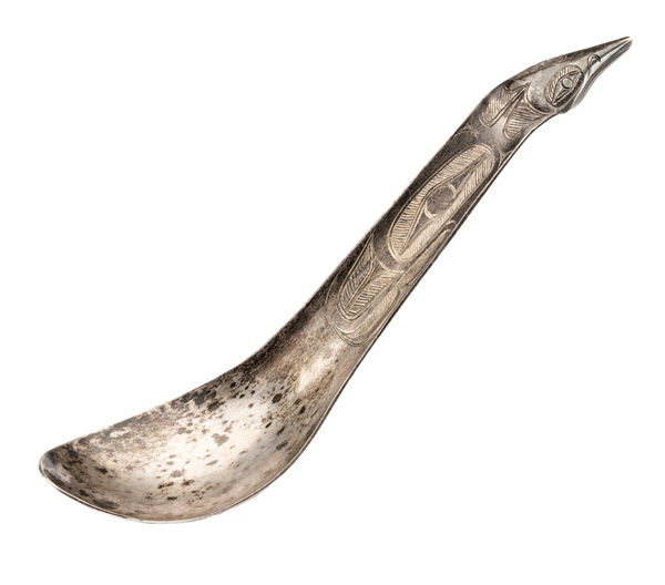 Lot 124 ATTRIBUTED TO CHARLES EDENSHAW (DAAX’IGANG or TAHAYGEN) (1839-1920), MASSET, HAIDA GWAII Spoon, c. 1890-1910 silver, 4.625 x 1 x 1.25 in (11.7 x 2.5 x 3.2 cm) ESTIMATE: $5,000 — $8,000 PRICE REALIZED: $2,400.00