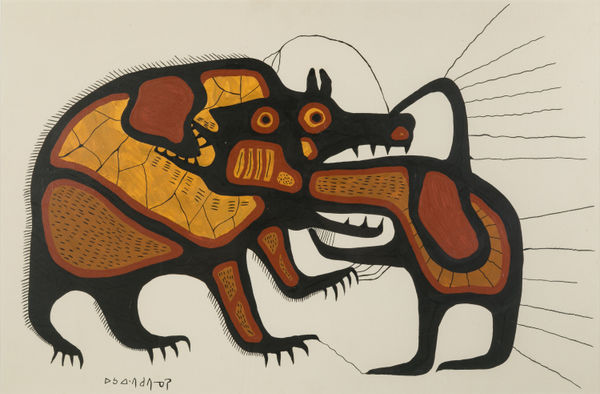 Lot 79 NORVAL MORRISSEAU, C.M. (1931-2007) ANISHINAABE Untitled (Man and Transformed Enemy), late 1960s / early 1970s acrylic on Grumbacher medium texture rag illustration board, 20 x 30 in (50.8 x 76.2 cm) ESTIMATE: $4,000 — $6,000 PRICE REALIZED: $9,600.00