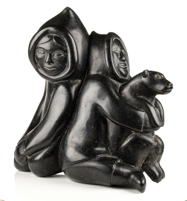 Lot 4 SAGGIAKTOK SAGGIAKTOK (1932-) KINNGAIT (CAPE DORSET) Couple with Dog, c. 1965 stone, 16 x 16.5 x 9 in (40.6 x 41.9 x 22.9 cm) ESTIMATE: $3,500 — $5,000 PRICE REALIZED: $3,172.00