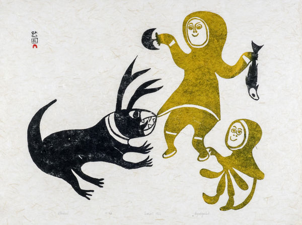 Lot 29 ANGOTIGALUK TEEVEE (1910-1967) KINNGAIT (CAPE DORSET) Untitled (Spirit Caribou Pulling Parka of Woman, Child), 1962 (1994 #24) stonecut, 18 x 24 in (45.7 x 61 cm) ESTIMATE: $700—$1,000 PRICE REALIZED: $463.60