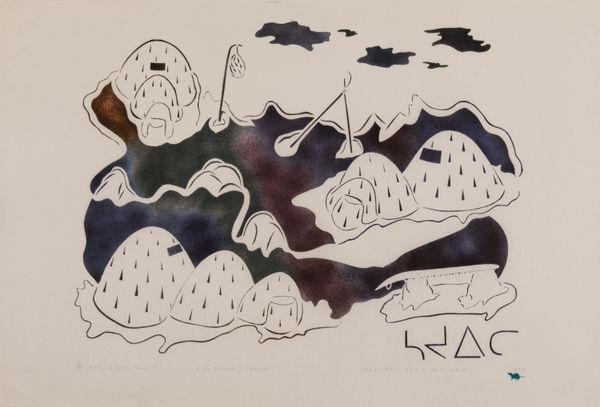 SYOLLIE AMITUK (1936-1986) PUVIRNITUQ (POVUNGNITUK) Eskimo Village in Winter, 1973 #18 stonecut and stencil, 25 x 36.75 in (63.5 x 93.3 cm