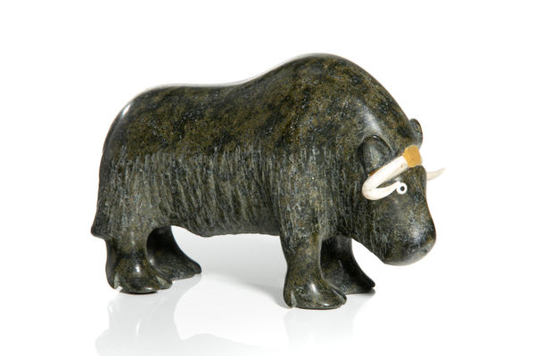Lot 22 NOOVEEYA (NUVEEYA) IPELLIE (1920-2010) IQALUIT (FROBISHER BAY) Muskox, 1980s stone and antler, 5.5 x 8.25 x 3 in (14 x 21 x 7.6 cm) ESTIMATE: $700 — $1,000 PRICE REALIZED: $660.00