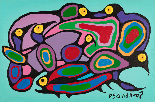 Lot 59 NORVAL MORRISSEAU, C.M. (1931-2007) ANISHINAABE (OJIBWE) Untitled (Life Cycle), c. early-mid 1980s acrylic on canvas, 24 x 36 in (61 x 91.4 cm) ESTIMATE: $10,000 — $15,000 PRICE REALIZED: $9,760.00
