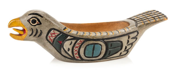 Lot 94 ELI TAIT (1872-1949) TSIMSHIAN, METLAKATLA, ALASKA Grouse Bowl, c. 1930 cedar wood and acrylic paint, 3 x 9 x 3.25 in (7.6 x 22.9 x 8.3 cm) ESTIMATE: $800 — $1,200 PRICE REALIZED: $732.00