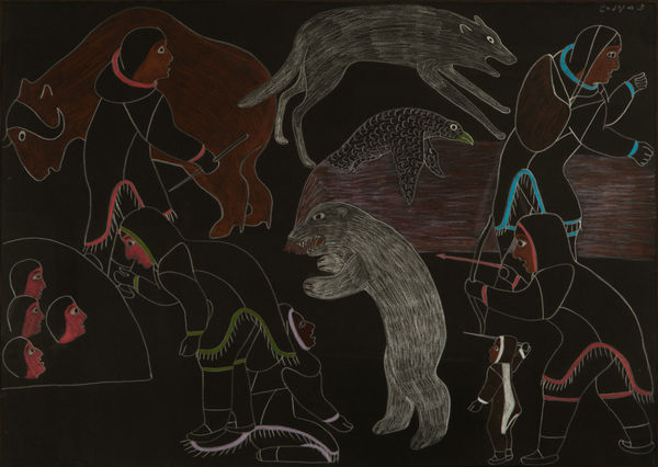 LOT 67 VICTORIA MAMNGUQSUALUK (1930-2016) QAMANI'TUAQ (BAKER LAKE) Untitled (Scene from the Story of Qiviuq), c. 1980 coloured pencil on black paper, 19.75 x 27.75 in (50.2 x 70.5 cm), framed ESTIMATE: $800 — $1,200 PRICE REALIZED: $780.00
