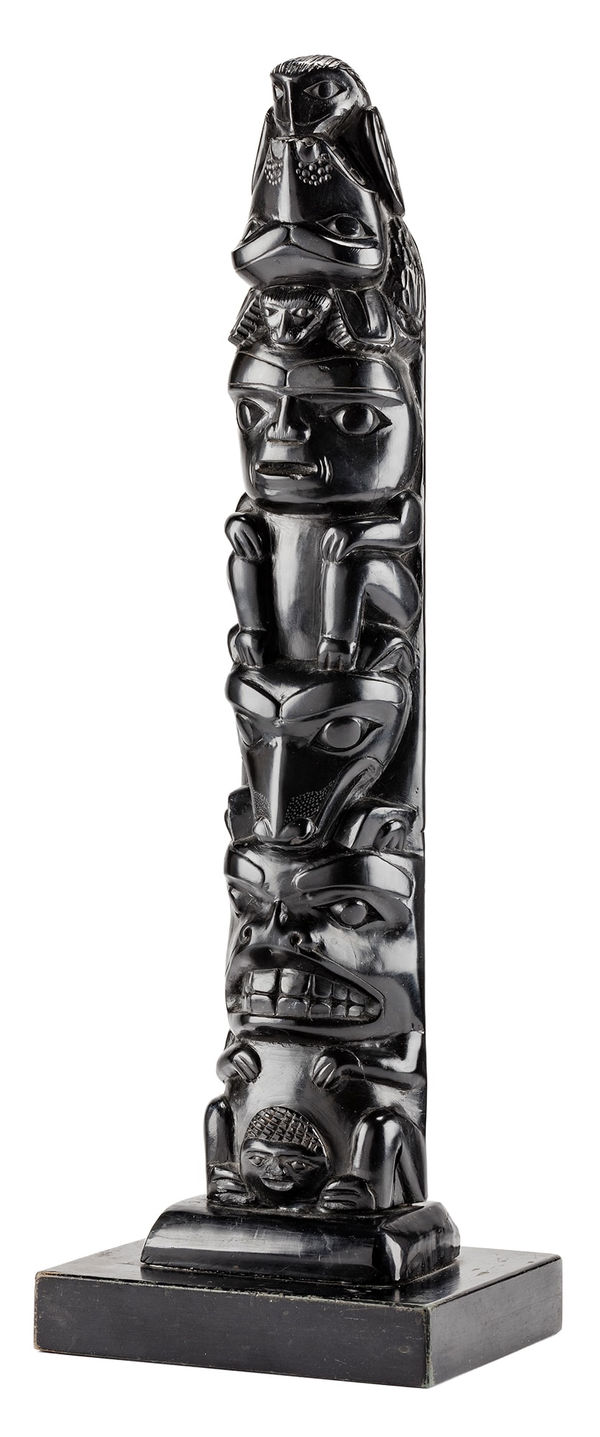 Lot 94 UNIDENTIFIED HAIDA ARTIST Model Totem Pole, c. 1880s argillite, 15.5 x 3.5 x 2.5 in (39.4 x 8.9 x 6.4 cm) ESTIMATE: $15,000 — $25,000 PRICE REALIZED: $13,200.00
