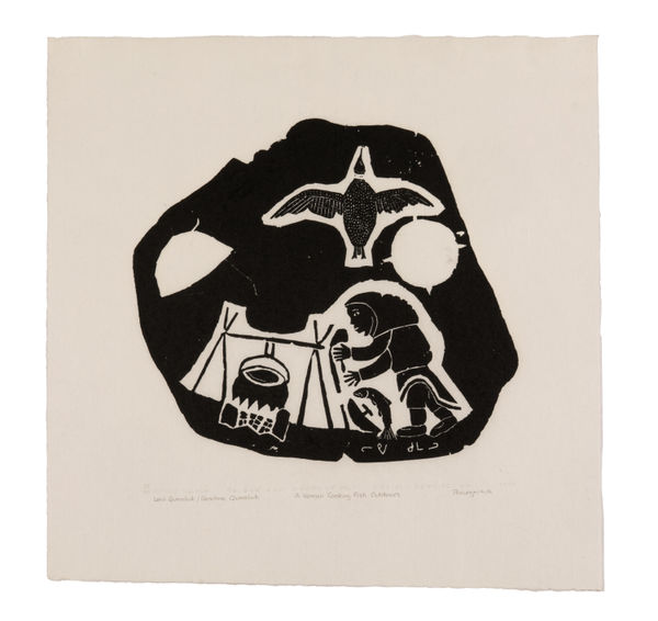 LEVI QUMALUK (1919-1997) PUVIRNITUQ (POVUNGNITUK) A Woman Cooking Fish Outdoors, 1978 #2 stonecut, 19 1/2 x 20 in (49.5 x 50.8 cm)