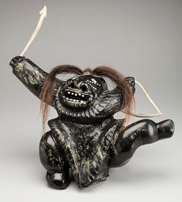 Lot 102 URIASH PUQIQNAK (1946-) UQSUQTUUQ (GJOA HAVEN) Female Hunter with Bow and Arrow, 2010 stone, antler, hide, and hair, 15.25 x 19.25 x 13 in (38.7 x 48.9 x 33 cm) ESTIMATE: $3,000 — $5,000 PRICE REALIZED: $4,800.00