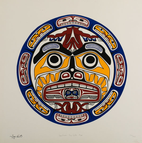Lot 99 TONY HUNT (1942-) KWAKWA̱KA̱ʼWAKW Southern Gwa-Gulth Moon silkscreen, 20 x 20 in (50.8 x 50.8 cm) ESTIMATE: $100 &mdash; $200 PRICE REALIZED: $192.00