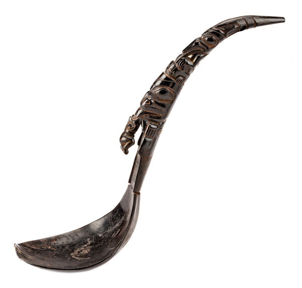 Lot 24 UNIDENTIFIED ARTIST, POSSIBLY HAIDA OR TLINGIT Feast Spoon, c. 1870s or 1880s goathorn and metal rivets, 8 x 6 x 3 in (20.3 x 15.2 x 7.6 cm) ESTIMATE: $3,000 — $5,000 PRICE REALIZED: $5,040.00