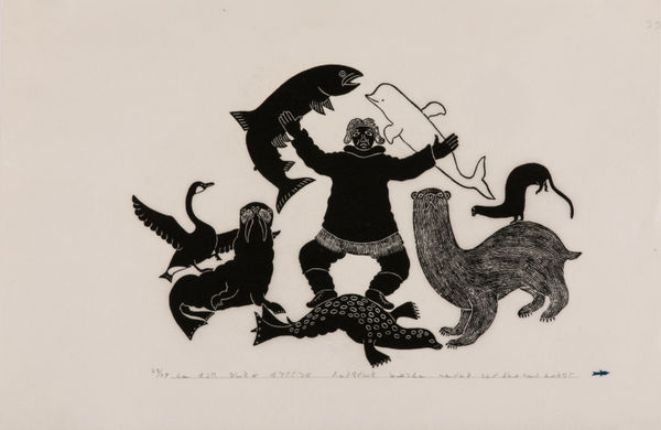 THOMASSIE ECHALOOK (1935-2011) INUKJUAK (PORT HARRISON) Look What I See when I have No Harpoon!, 1973 II #31 stonecut, 215.5 x 23 in (39.4 x 58.4 cm)