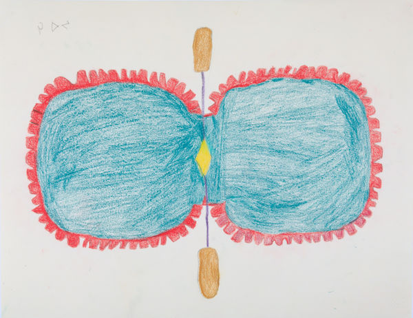 SHEOJUK ETIDLOOIE (1932-1999) KINNGAIT (CAPE DORSET) Untitled (Skin Tent in Green and Red), 1995-6 coloured pencil over graphite on paper, 20 x 26 in (50.8 x 66 cm) signed, "ᓯᐅᔪ".