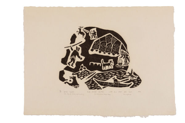 LEVI QUMALUK (1919-1997) PUVIRNITUQ (POVUNGNITUK) Old Way of Living and Hunting, 1977 #10 stonecut, 21 x 29 in (53.3 x 73.7 cm)