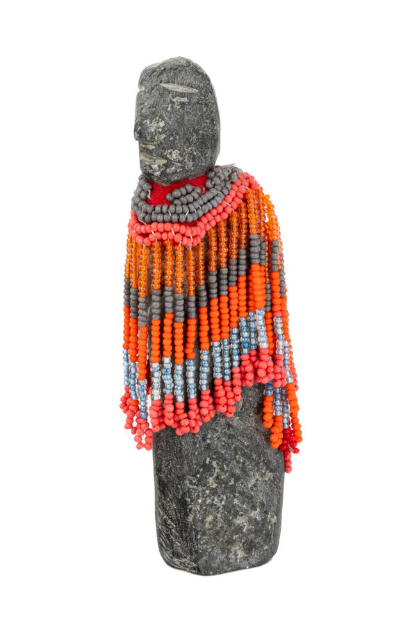 Woman in an Orange and Grey Beaded Amautiq