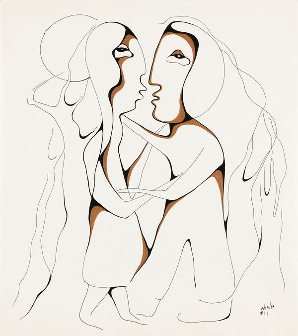 Lot 48 DAPHNE ODJIG, C.M., O.B.C. (1919-2016) NESHNABÉ (ANISHINAABE) (POTAWATOMI) Hesitation, 1980 ink and gouache on wove paper, 18.25 x 16 in (46.4 x 40.6 cm) ESTIMATE: $3,500 — $5,000 PRICE REALIZED: $3,416.00