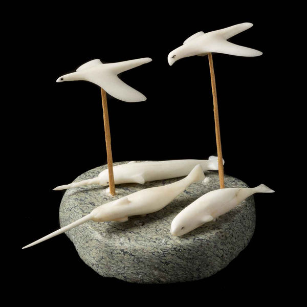 Two Flying Birds, Two Narwhals and a Beluga